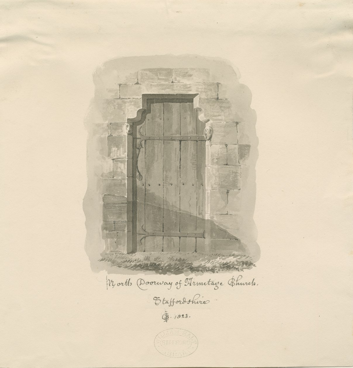 Armitage Kilisesi - Kuzey Kapısı: sepya çizimi, 1823 by John Chessell Buckler