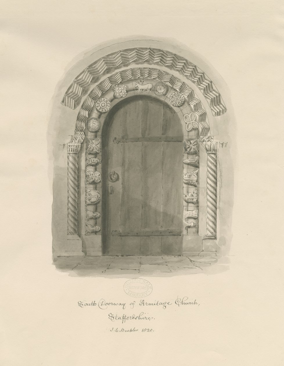 Armitage Kilisesi - Güney Kapısı: sepya çizimi by John Chessell Buckler