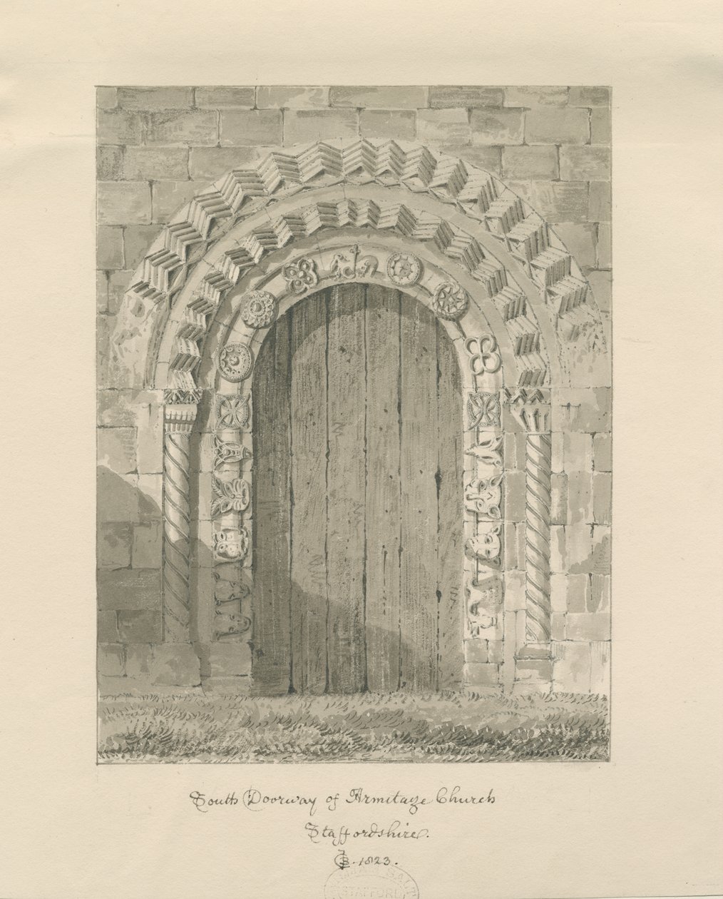 Armitage Kilisesi - Güney Kapısı: sepya çizimi, 1823 by John Chessell Buckler