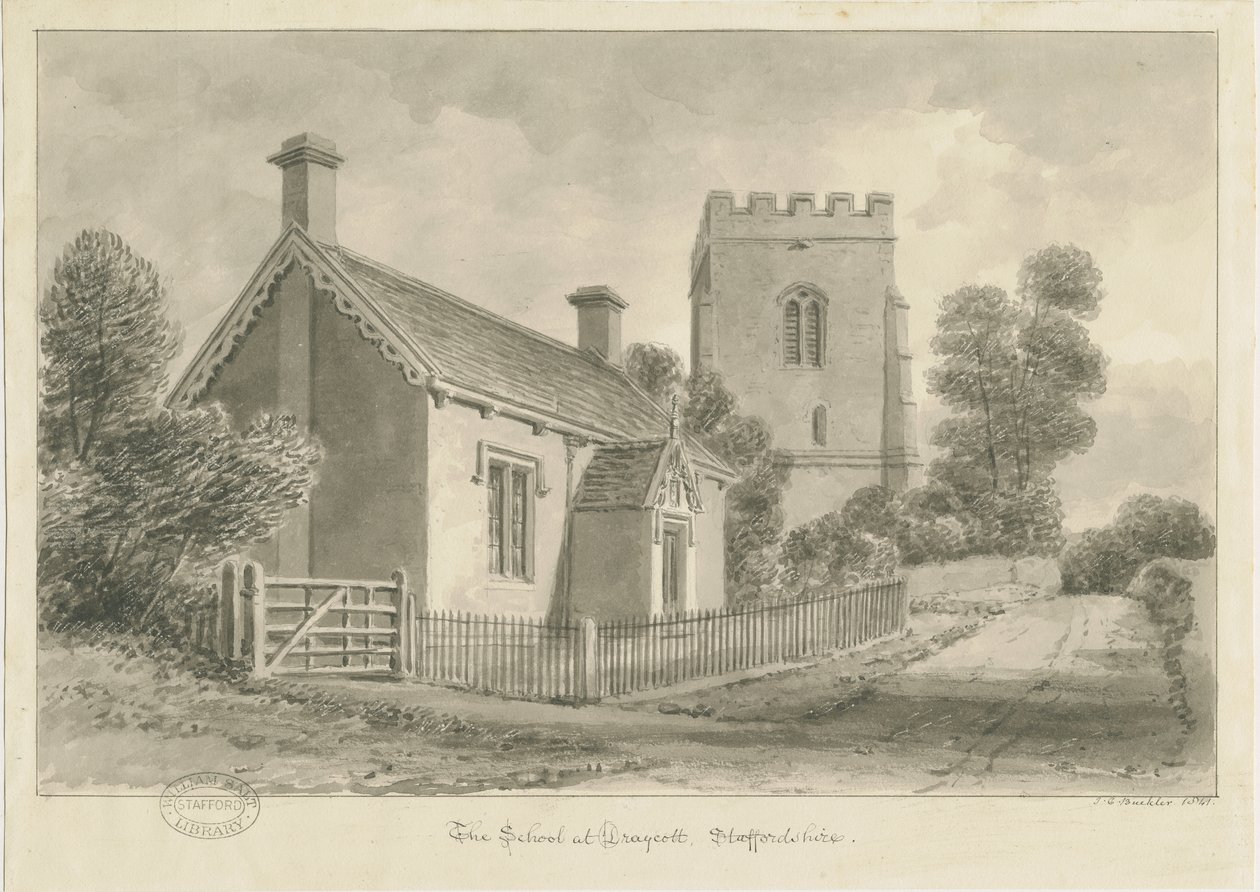 Draycott in the Moors - Okul : sepya çizimi, 1841 by John Chessell Buckler