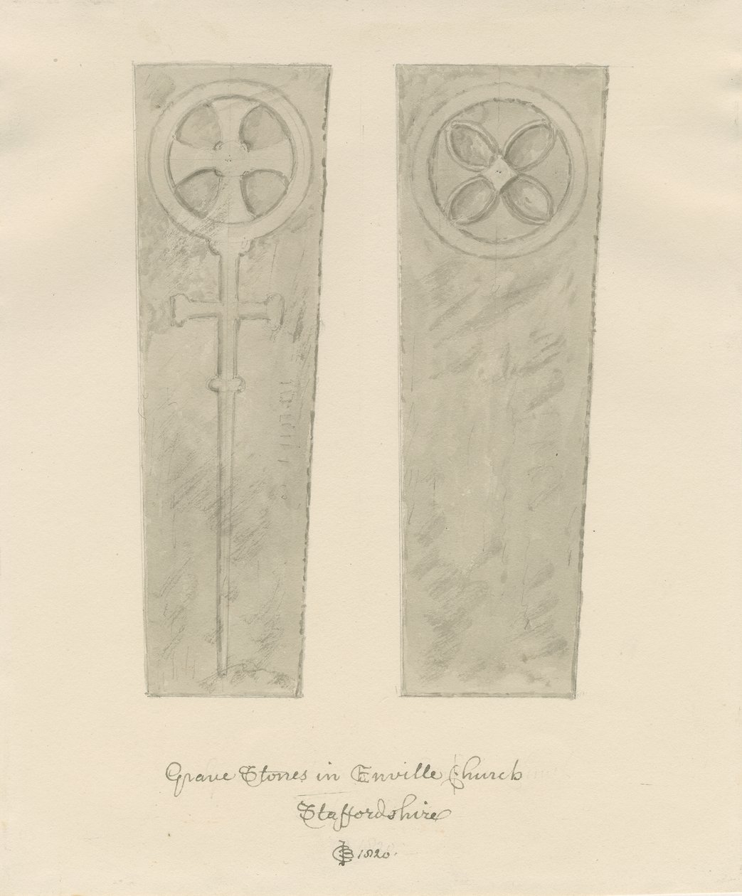 Enville Kilisesi - Mezar taşları: sepya çizimi by John Chessell Buckler