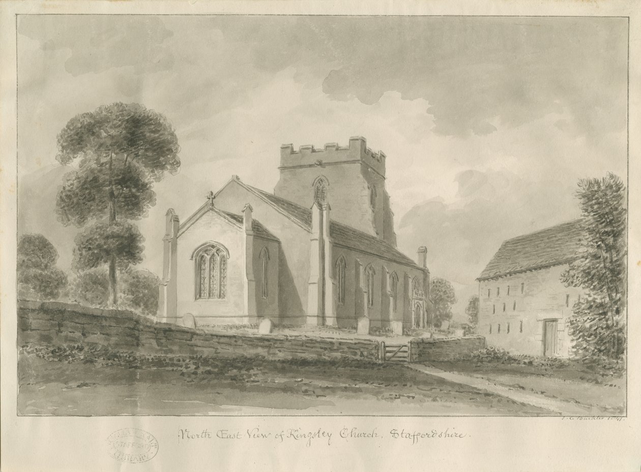 Kingsley Kilisesi: sepya çizimi, 1841 by John Chessell Buckler