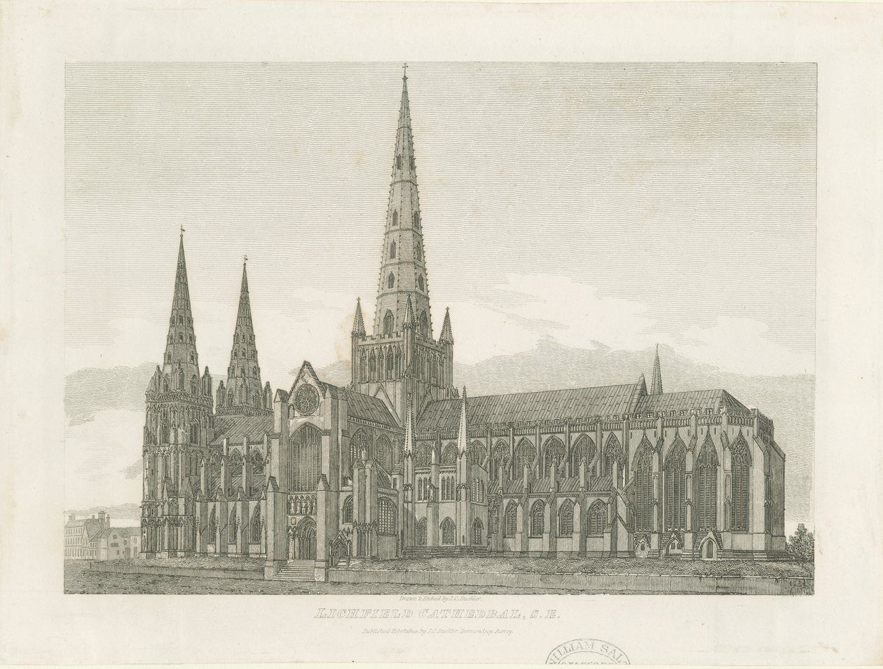 Lichfield Katedrali - Güney Doğu Görünümü: gravür, nd [c 1820] (baskı) by John Chessell Buckler