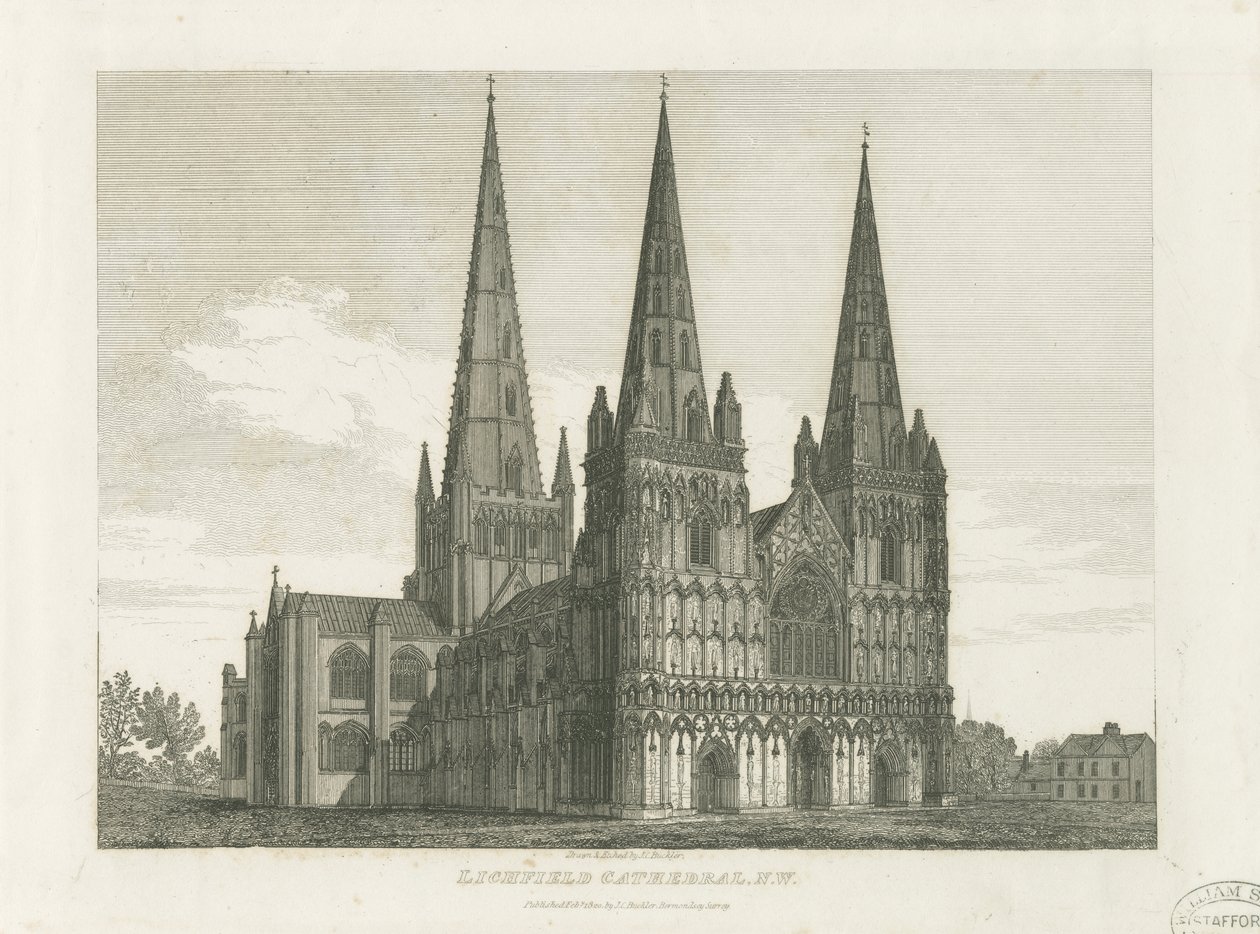 Lichfield Katedrali - Batı Cephesi: gravür, nd [c 1820] (baskı) by John Chessell Buckler