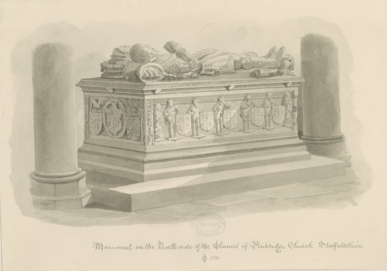 Penkridge Kilisesi - [Sir Edward Littleton] Mezarı: sepya çizimi by John Chessell Buckler