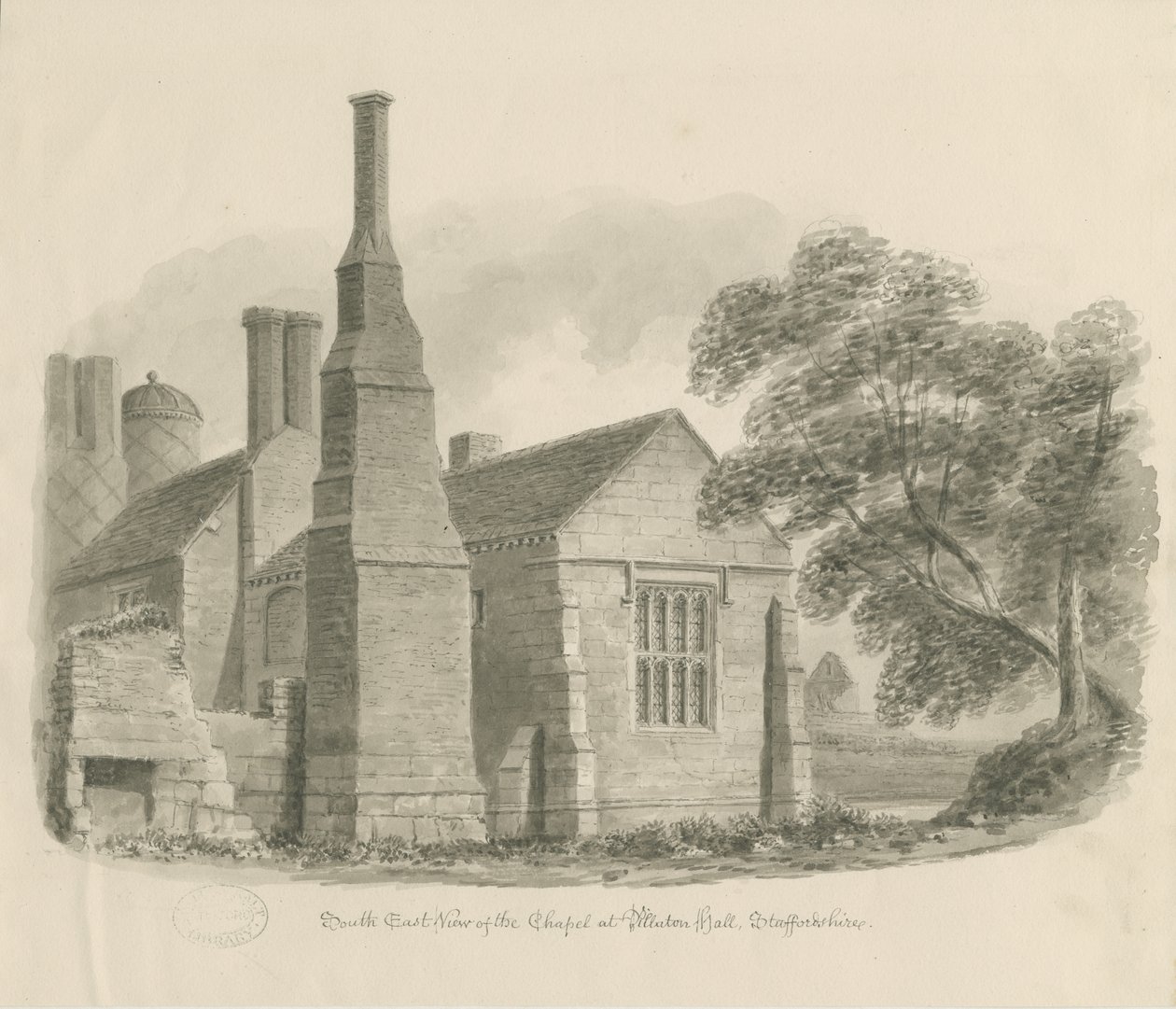 Pillaton Hall - Şapel: sepya çizimi by John Chessell Buckler