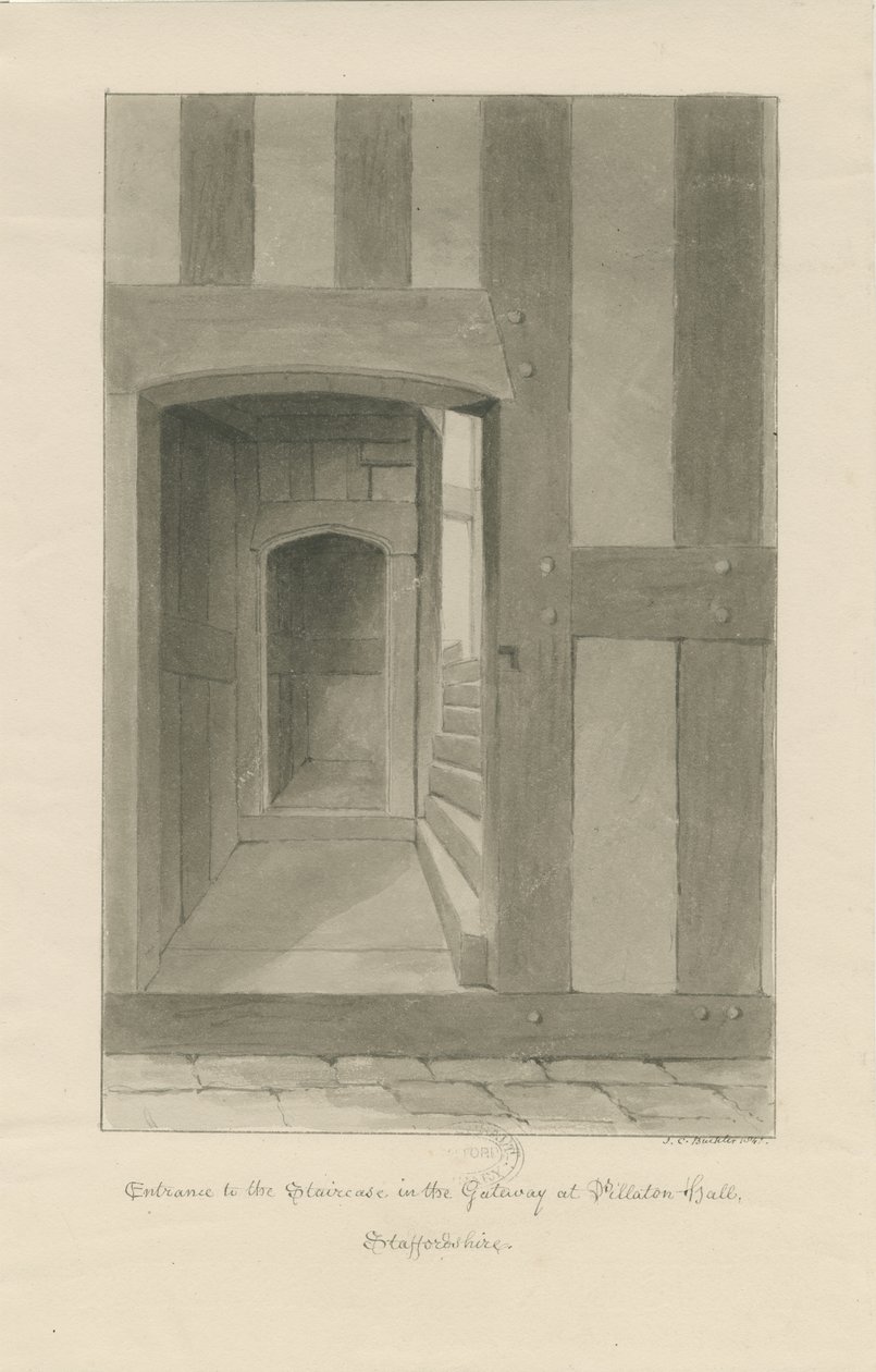 Pillaton Salonu - Kapı Evinin İçi: sepya çizimi by John Chessell Buckler