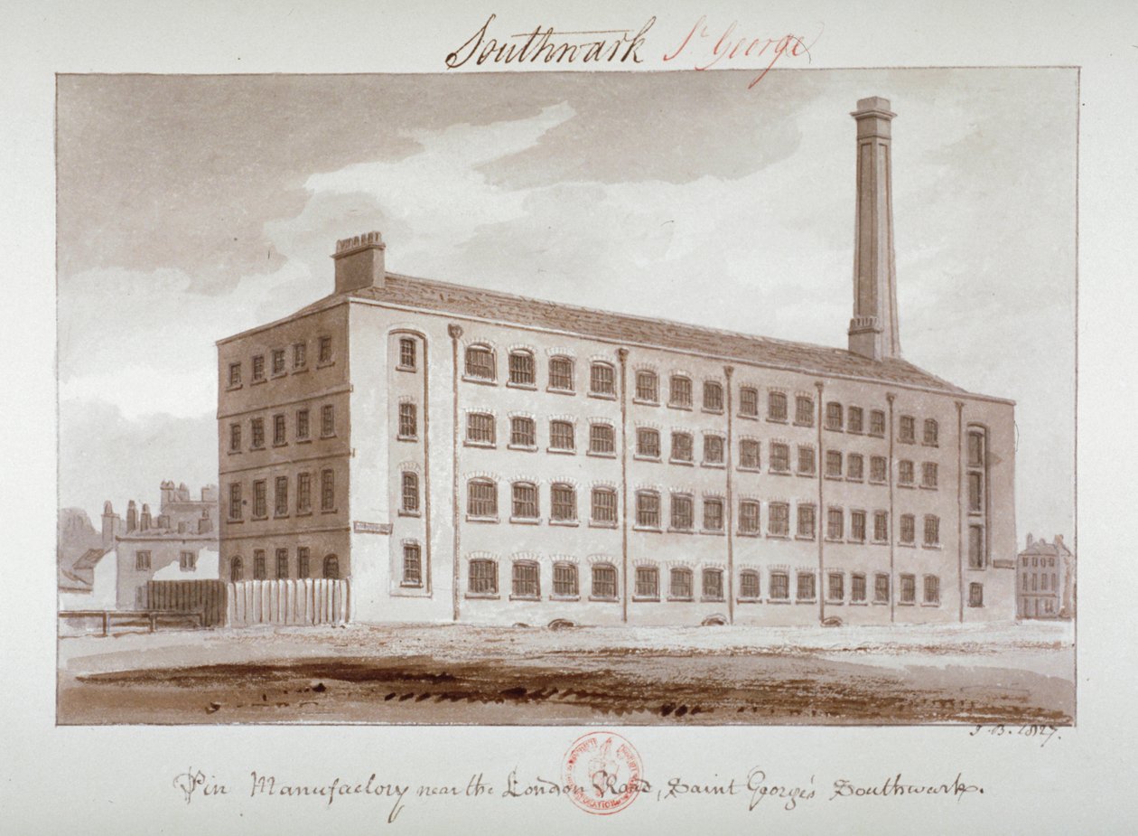 London Road, Southwark, Londra, 1827 yakınlarındaki fabrikada pim by John Chessell Buckler