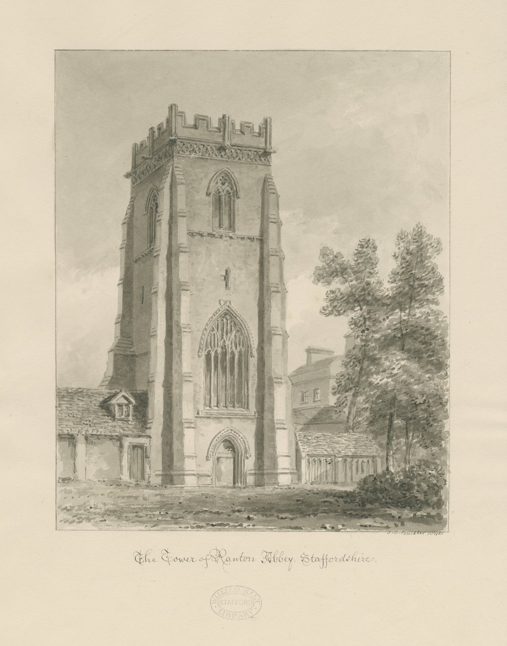 Ranton Abbey [Priory] - Kule: sepya çizimi by John Chessell Buckler