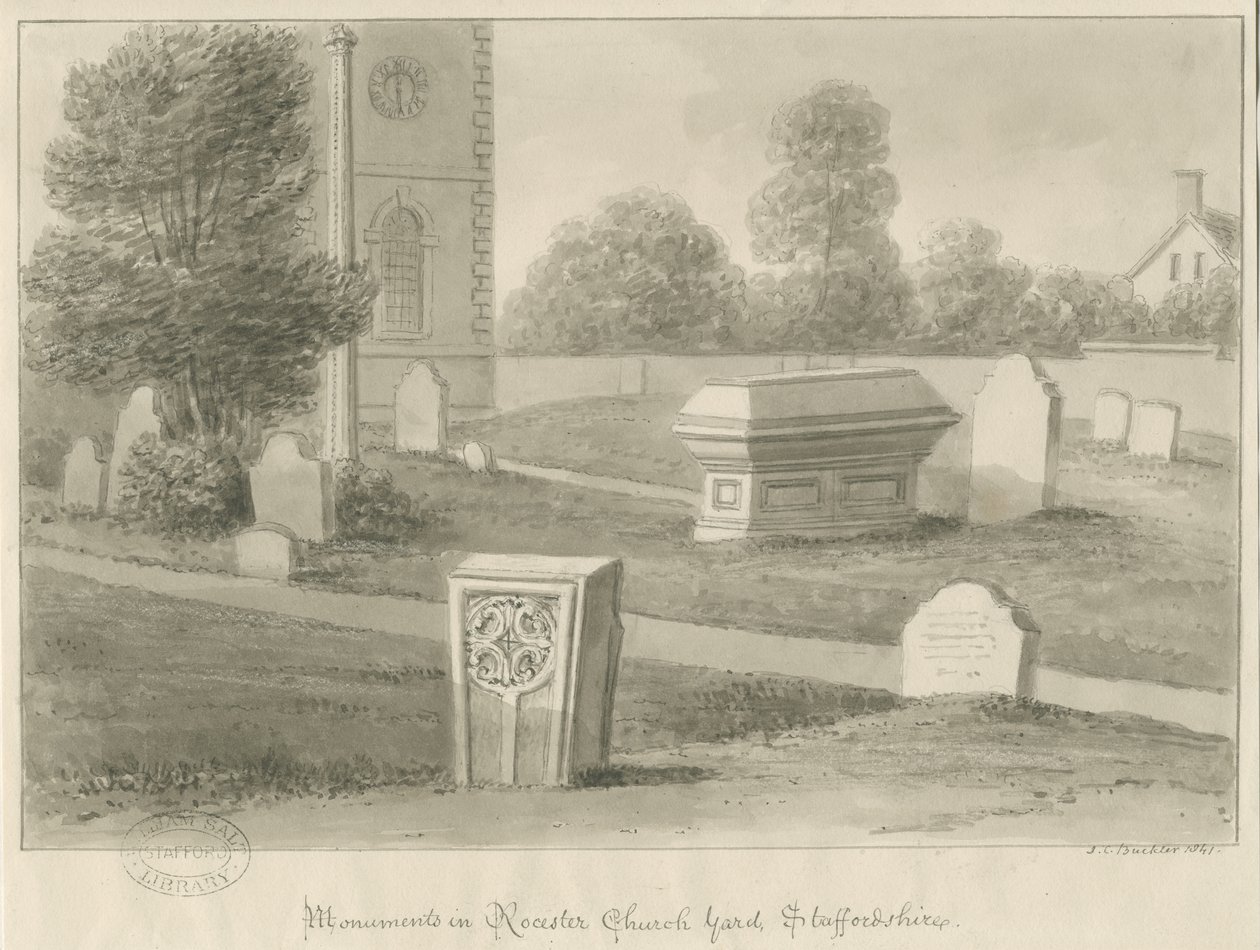Rocester Kilisesi - Anıtlar ve Kilise avlusu: sepya çizimi by John Chessell Buckler