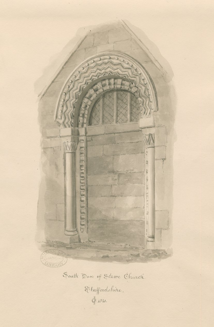 Stowe Kilisesi - Güney Kapısı: sepya çizimi by John Chessell Buckler
