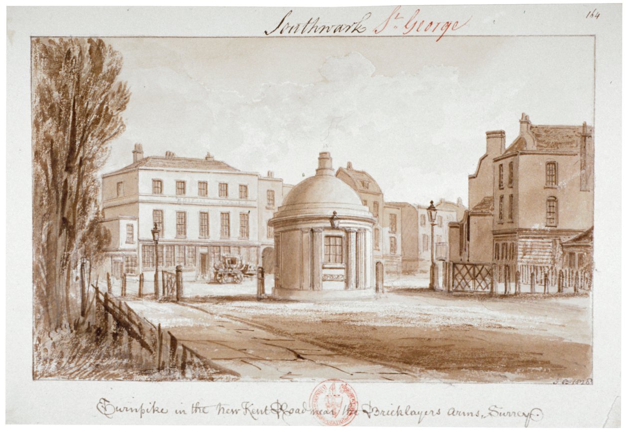 Bricklayers' Arms Inn yakınlarındaki New Kent Yolu'nda Turnpike, Southwark, Londra, 1828 by John Chessell Buckler