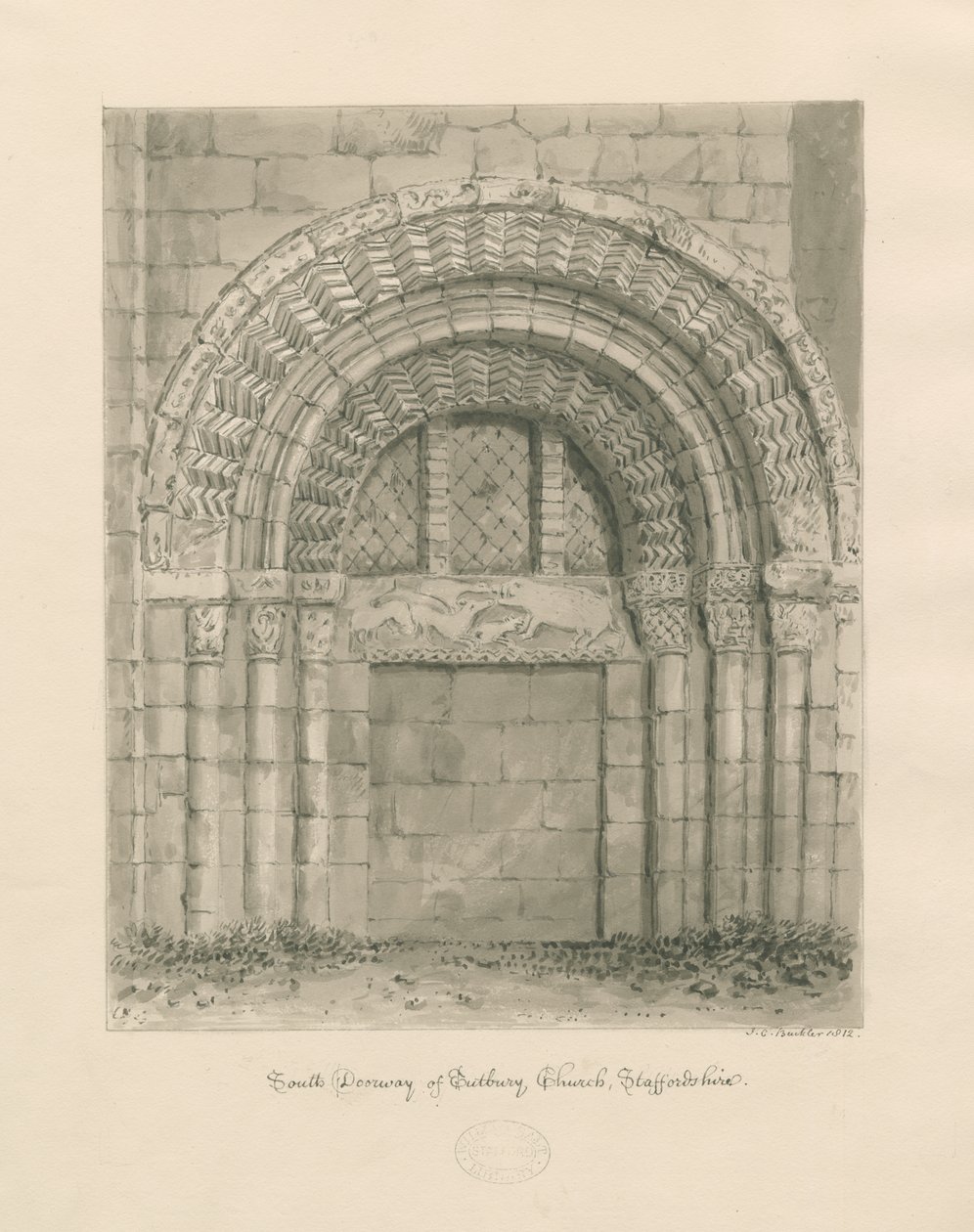 Tutbury Manastırı Kilisesi - Güney Kapısı: sepya yıkama çizimi, 1812 by John Chessell Buckler