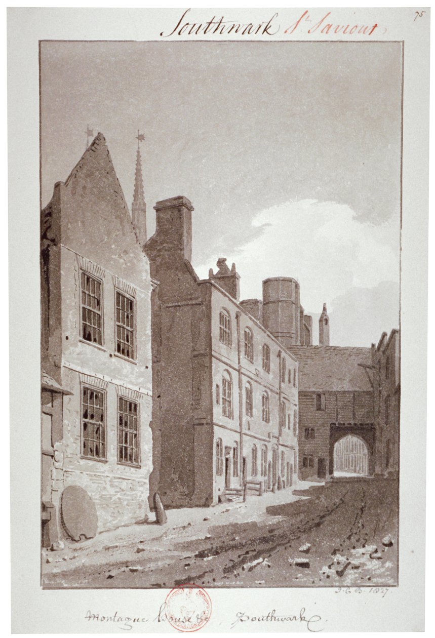 Montague House ağ geçidine bakan görünüm, Southwark, Londra, 1827 by John Chessell Buckler