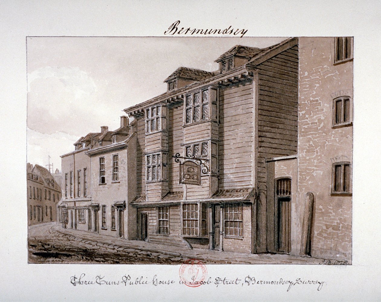 Jacob Caddesi'ndeki Three Tuns halk evinin görünümü, Bermondsey, Londra, 1828 by John Chessell Buckler