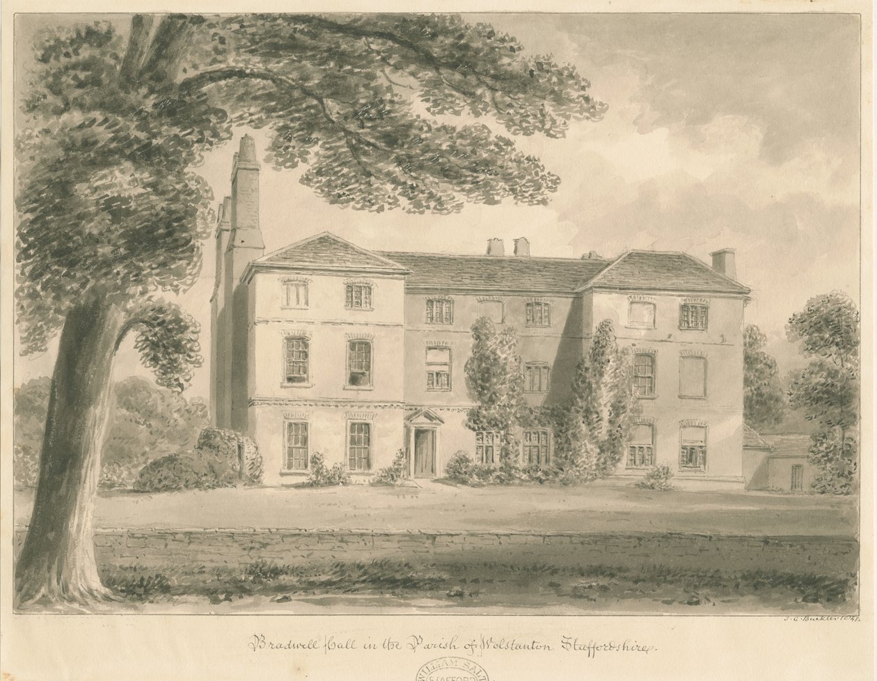 Wolstanton - Bradwell Hall: sepya çizimi by John Chessell Buckler