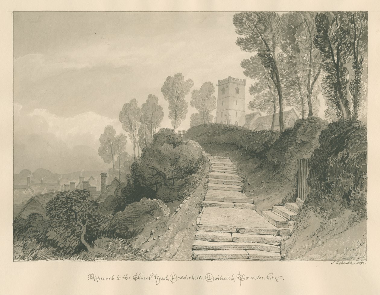 Worcestershire - Droitwich - Dodderhill Kilisesi: sepya çizimi, 1833 by John Chessell Buckler