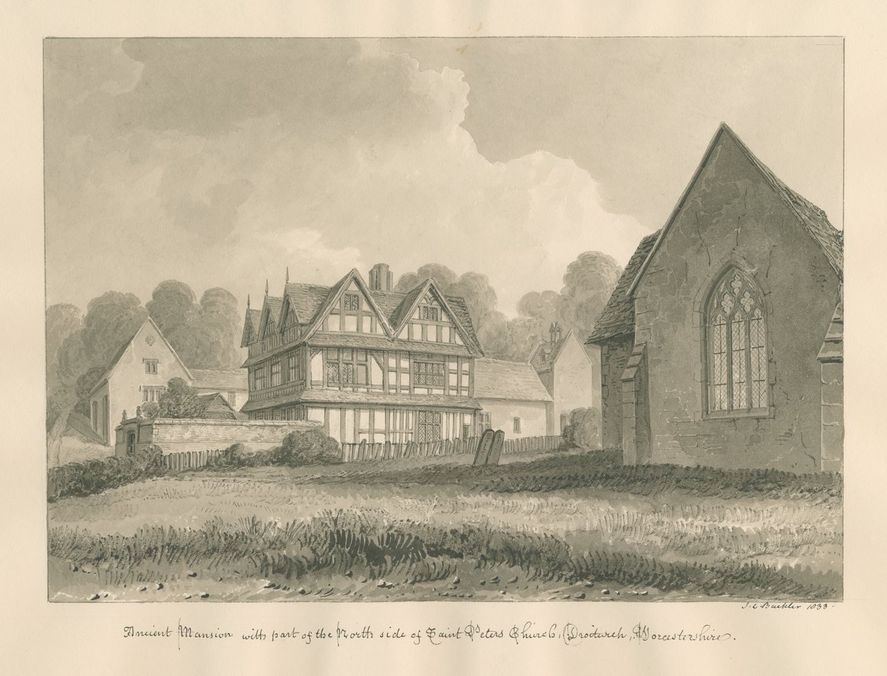 Worcestershire - Droitwich - Aziz Petrus Kilisesi Antik Konağı : sepya çizimi, 1833 by John Chessell Buckler
