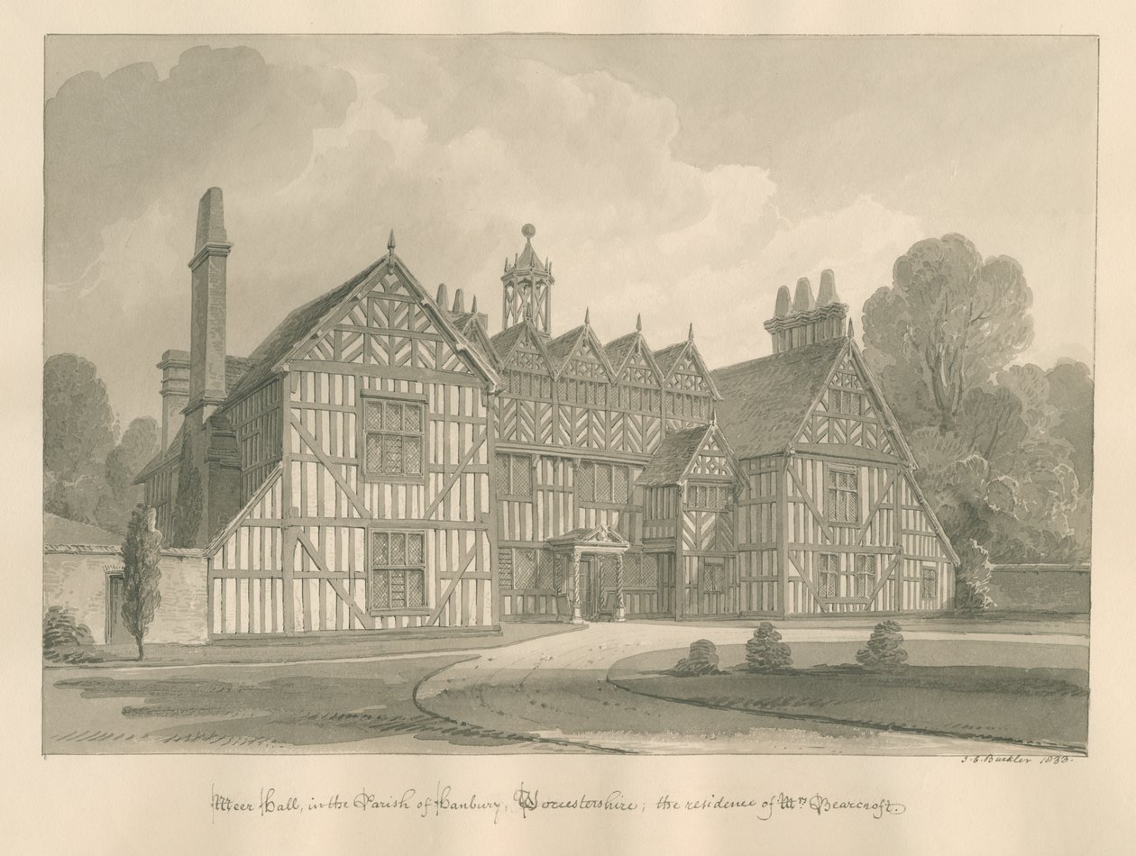 Worcestershire - Hanbury - Meer Hall: sepya çizimi by John Chessell Buckler
