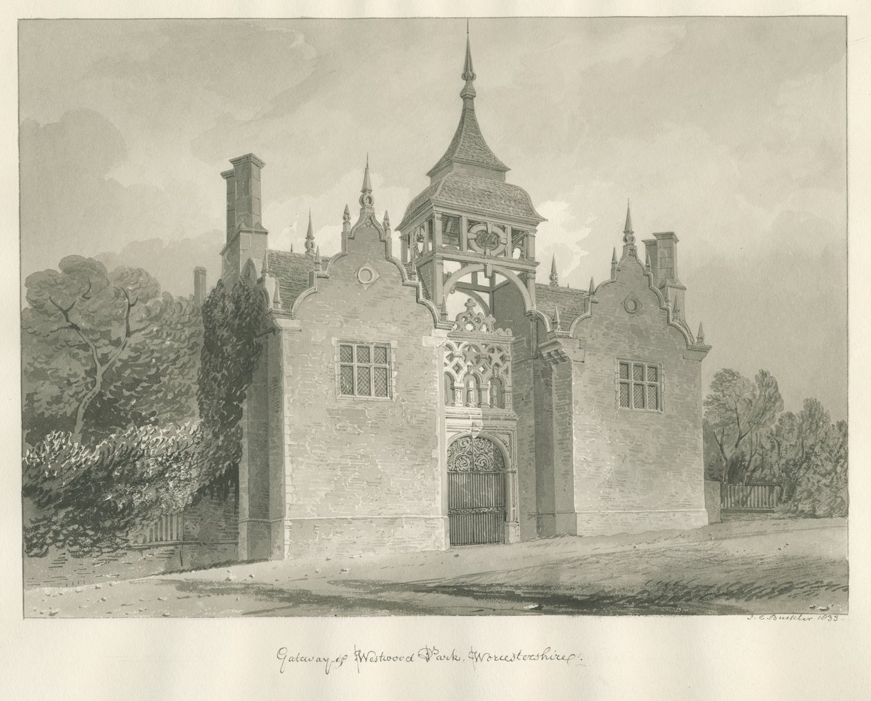 Worcestershire - Westwood Park - Giriş Kapısı: sepya çizimi, 1833 by John Chessell Buckler