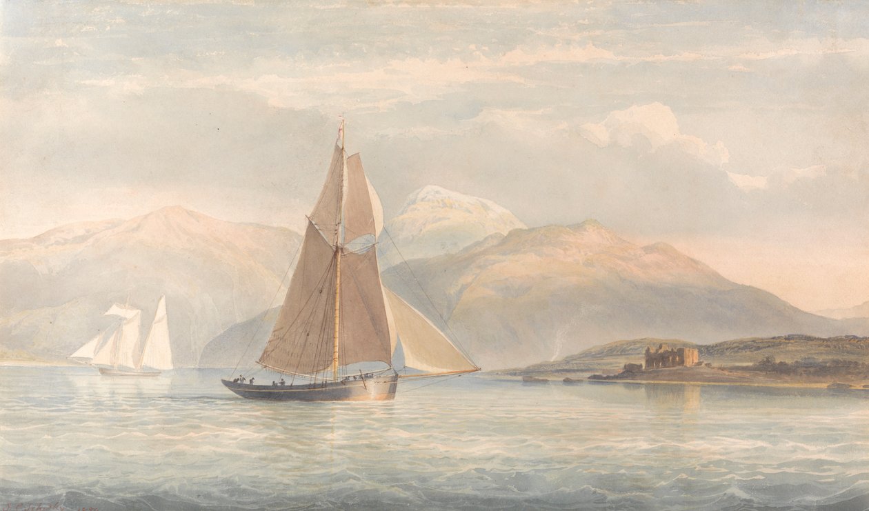 Arka Planda Dağlar ile Sağa Yelkenli Tekne by John Christian Schetky
