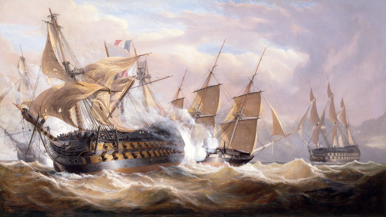 Guillaume Tell, Maltalı H.M.S.Penelope ve H.M.S Loin tarafından Abluka Sırasında Nişanlanıyor, 30 Mart 1800 (tuval üzerine yağlı boya) by John Christian Schetky