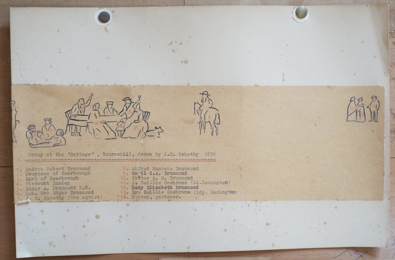 Kulübedeki Grup, Bournehill, 1858 (kağıt üzerine mürekkep) by John Christian Schetsky