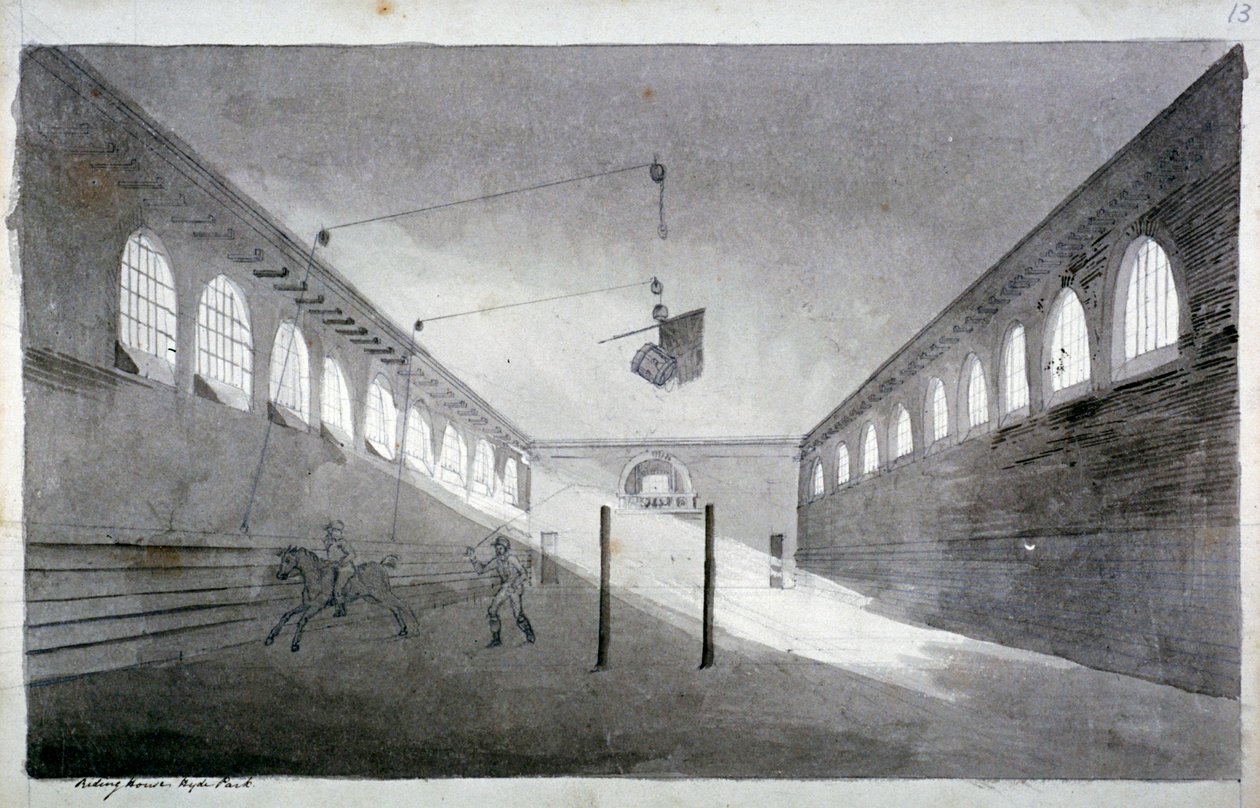 Binicilik evinin iç görünümü, Hyde Park, Londra, c1811 by John Claude Nattes