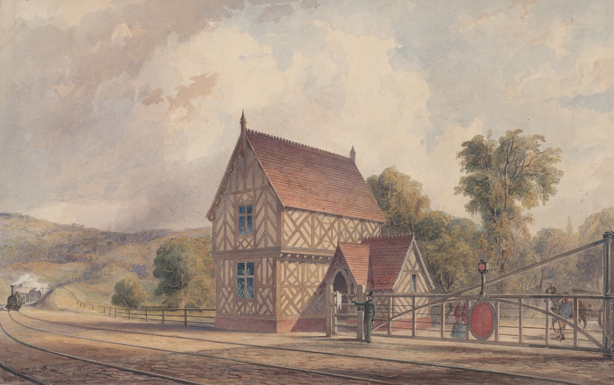 Tudor Tarzı Kırsal Tren İstasyonu ve Demiryolu Geçişi, 1844-77. by John Connell Ogle