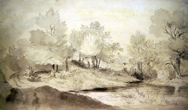 Uzakta Kulübeler Olan Bir Suffolk Göleti (kalem ve kağıt üzerinde yıkayın) by John Constable