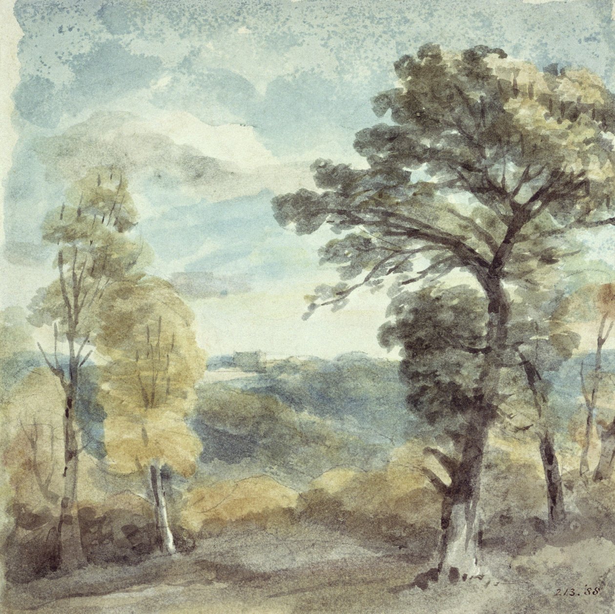 Ağaçlar ve Uzak Bir Köşk ile Manzara (suluboya) by John Constable