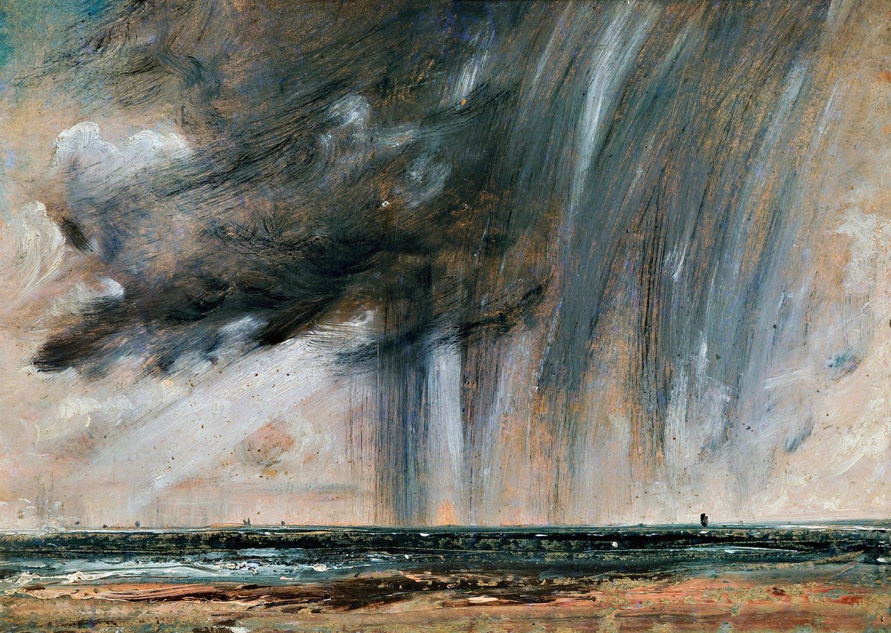 Deniz üzerinde yağmur fırtınası, yağmur bulutlu deniz manzarası çalışması, yaklaşık 1824-1828, John Constable (1776-1837), tuval üzerine kağıt üzerine yağlıboya, 22,2x31 cm by John Constable