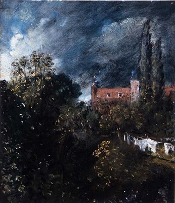 ötesinde kırmızı bir ev olan bir bahçede görüntüleyin by John Constable