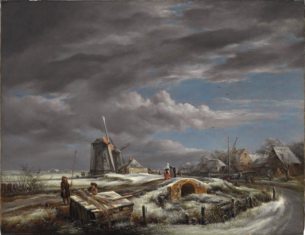 Bir yol üzerinde rakamlar, bir yaya köprüsü ve ötesinde yel değirmenleri ile kış manzarası by John Constable
