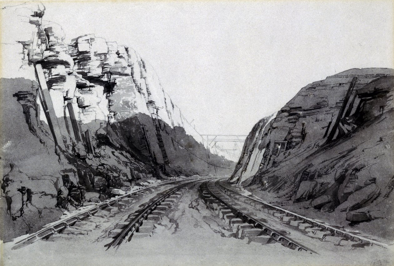 Blisworth Cutting, Northamptonshire, Eylül 1838 (kalem ve mürekkep ve kağıt üzerinde yıkama) by John Cooke Bourne