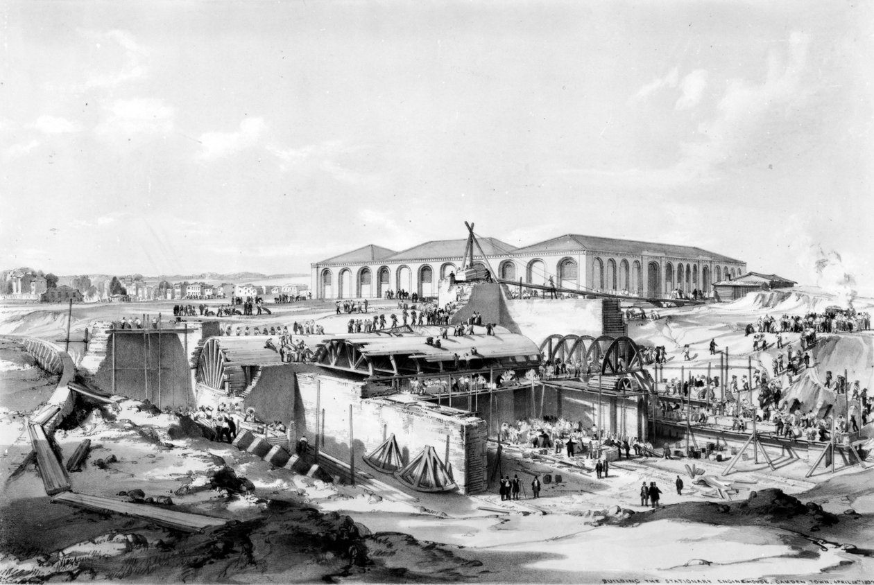 Sabit Makine Evinin İnşası, Camden Town, 26 Nisan 1837 (kalem ve mürekkep ve kağıt üzerinde yıkama) by John Cooke Bourne