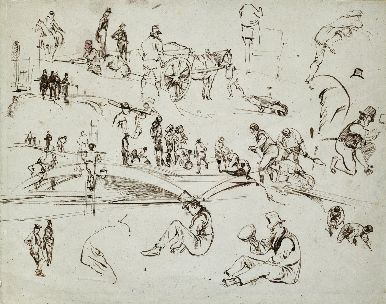 Londra ve Birmingham Demiryolu inşaatı, 1835 dolayları (kağıt üzerine kahverengi mürekkep; bileşik eskiz) by John Cooke Bourne