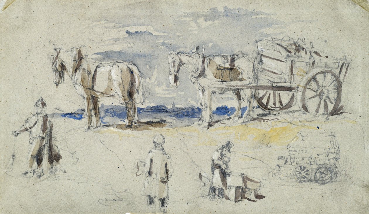 Londra ve Birmingham Demiryolu inşaatı, 1835 dolayları (kağıt üzerine yıkamalı kurşun kalem; bileşik eskiz) by John Cooke Bourne