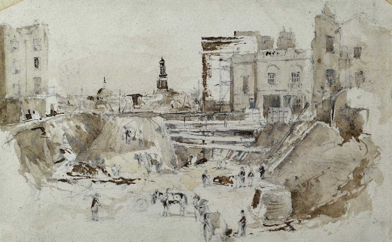 Londra ve Birmingham Demiryolu inşaatı, c.1835 (kağıt üzerine yıkamalı kurşun kalem) by John Cooke Bourne