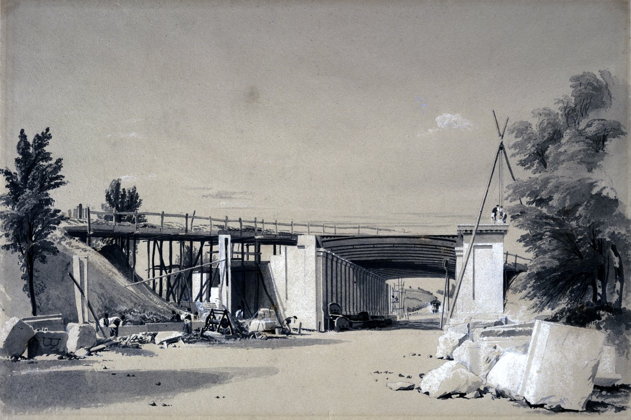 Yoldan Denbigh Hall Köprüsü, 25 Haziran 1837 (kalem ve mürekkep ve kağıt üzerinde yıkama) by John Cooke Bourne