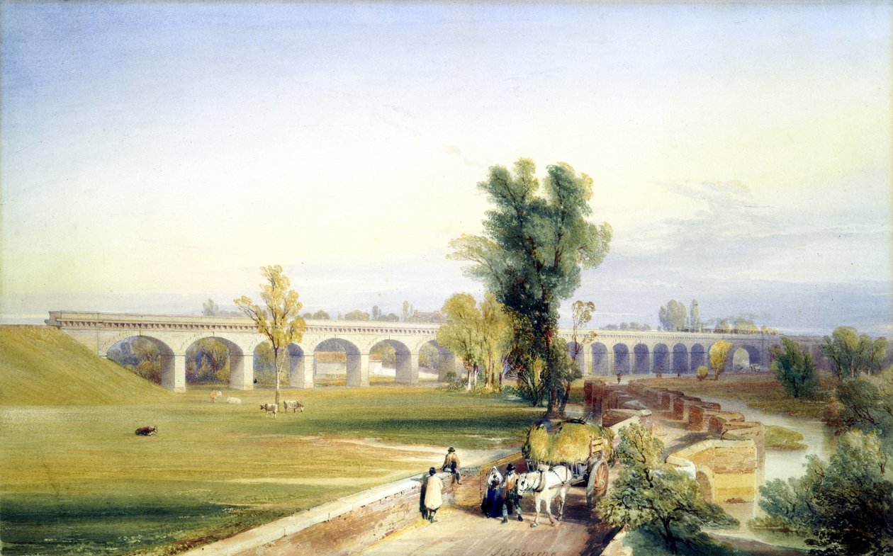 Dutch River Bridge, Hull ve Doncaster Branch, Kuzey Doğu Demiryolu, 1847 (kağıt üzerinde kalem & mürekkep ve wc) by John Cooke Bourne