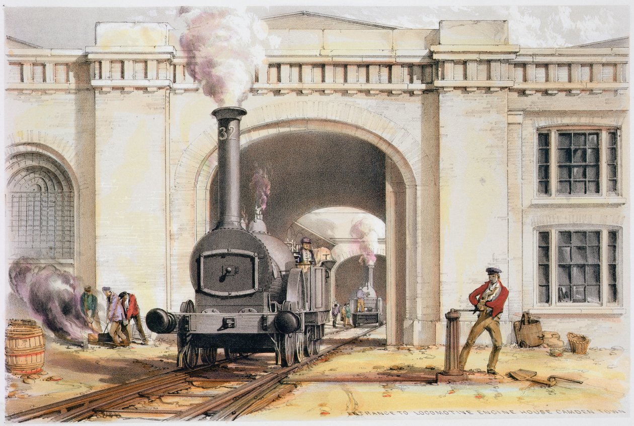Lokomotif makine dairesinin girişi, Camden Town, Londra, 1839 by John Cooke Bourne