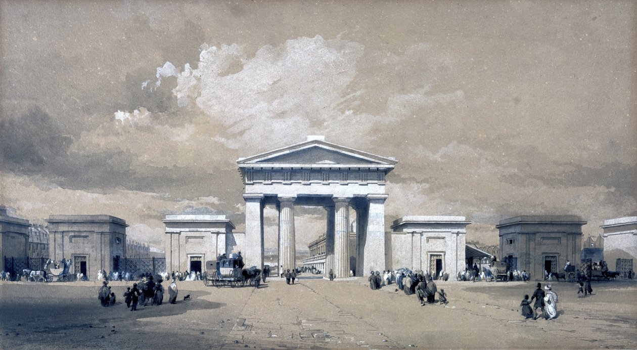 Euston Arch, Nisan 1838 (kalem ve mürekkep ve kağıt üzerinde yıkama) by John Cooke Bourne