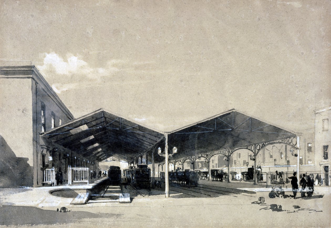 Euston Station iç, 1837 Mayıs (kalem ve mürekkep ve kağıt üzerinde yıkama) by John Cooke Bourne