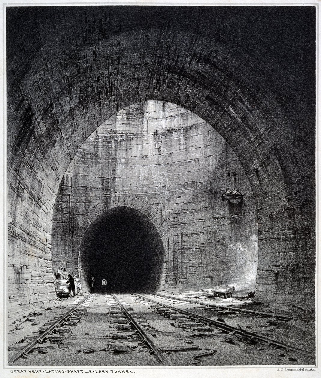 Büyük havalandırma şaftı, Kilsby Tüneli, Northamptonshire, 1838 (kalem ve mürekkep ve kağıt üzerinde yıkama) by John Cooke Bourne