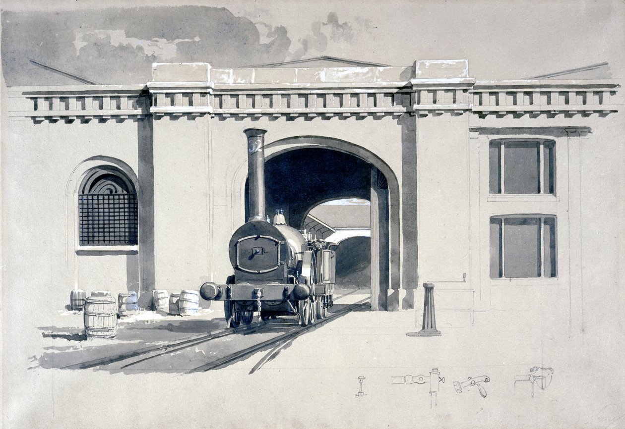 Lokomotif Motor Evi, Camden Town, 1839 (kalem ve mürekkep ve kağıt üzerinde yıkama) by John Cooke Bourne