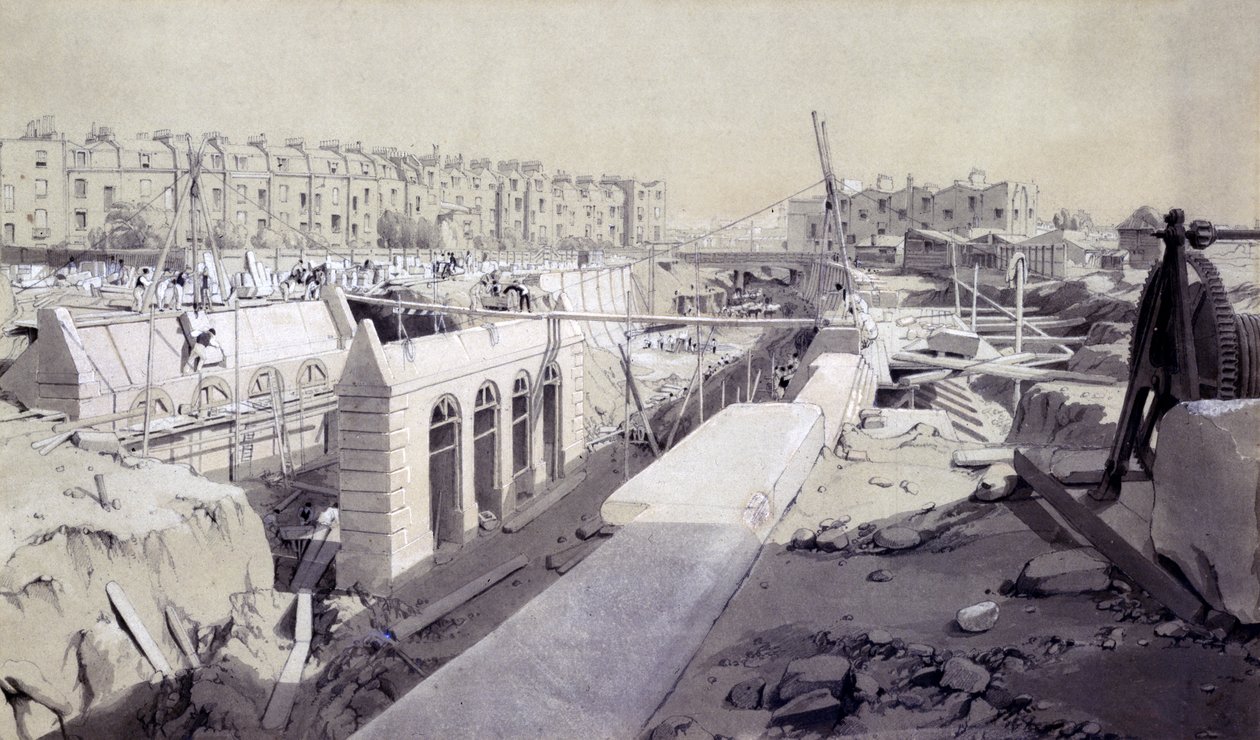 Mornington Crescent - Hat yapım aşamasında, Eylül 1836 (kalem ve mürekkep ve kağıt üzerinde yıkama) by John Cooke Bourne