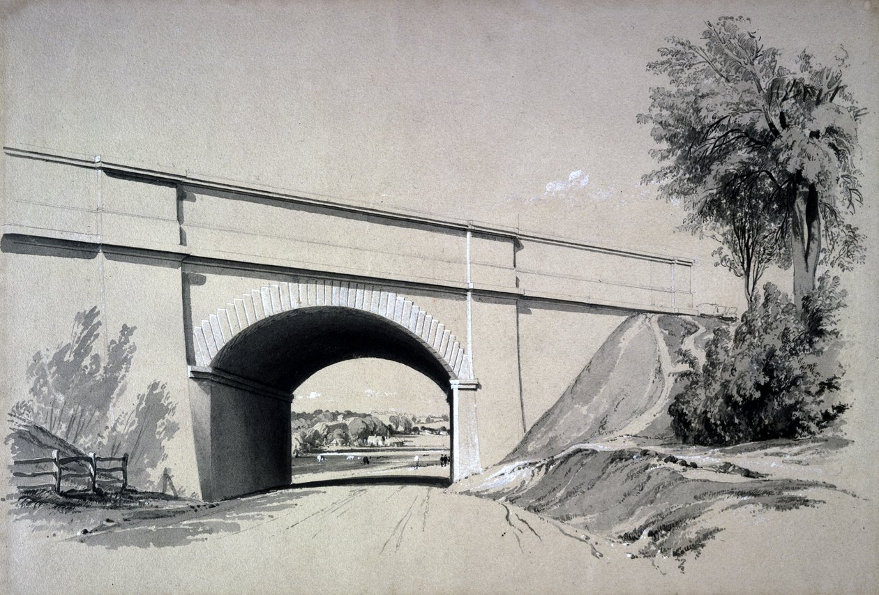 Oblique Bridge, Boxmoor, Hertfordshire, 12 Haziran 1837 (kalem ve mürekkep ve kağıt üzerinde yıkama) by John Cooke Bourne