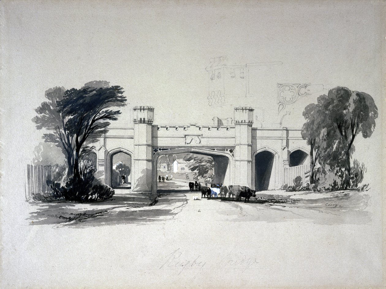 Rugby demiryolu köprüleri yoldan görüldüğü gibi, Warwickshire, Nisan 1839 (kağıt üzerinde kalem ve mürekkep ve yıkama) by John Cooke Bourne
