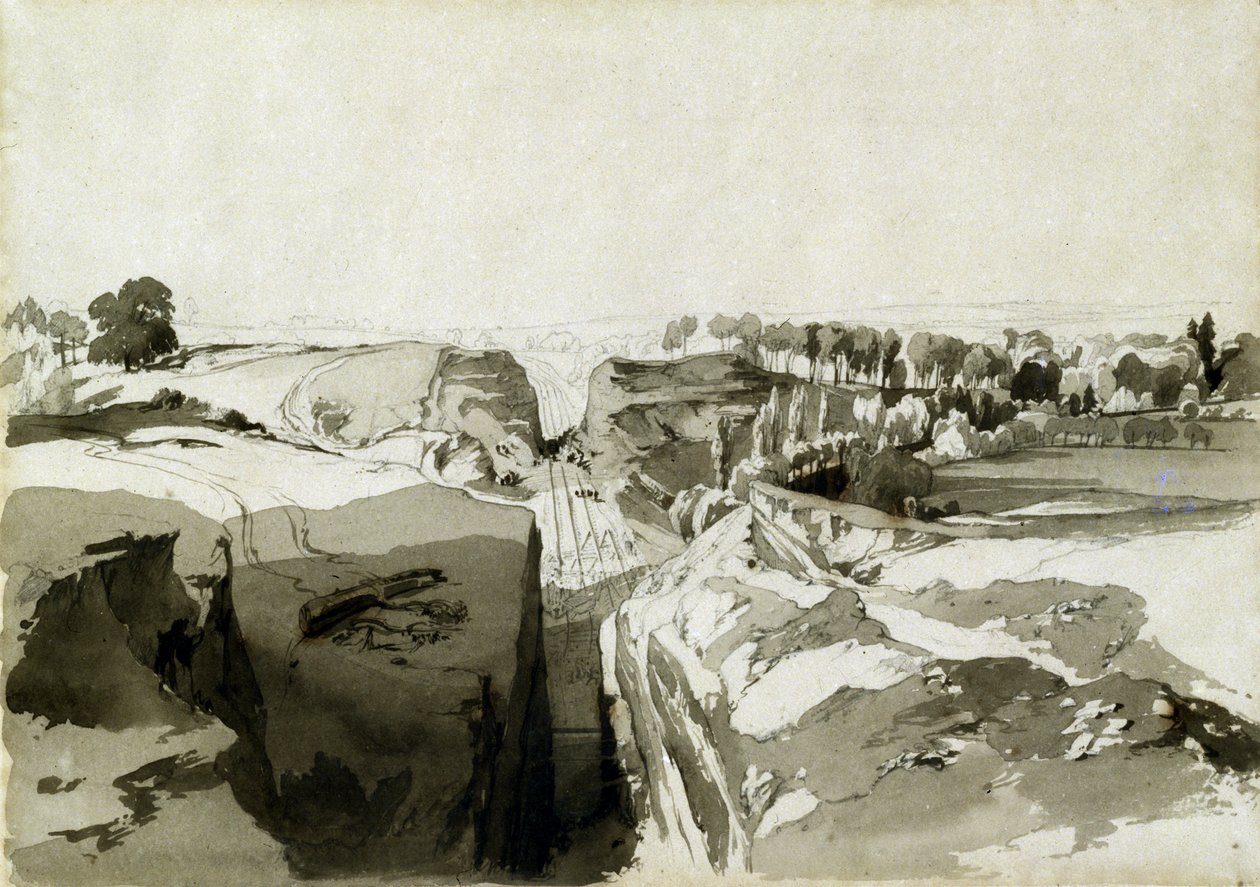Tünelin tepesinden görünüm, Linslade, Buckinghamshire, 12 Ekim 1837 (kalem ve mürekkep ve kağıt üzerinde yıkama) by John Cooke Bourne